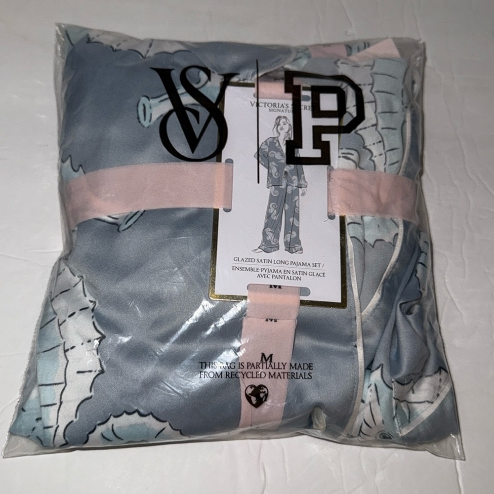 HTF New Victoria's Secret Glazed Satin Pajama Set Coastal Blue Seahorse Size M